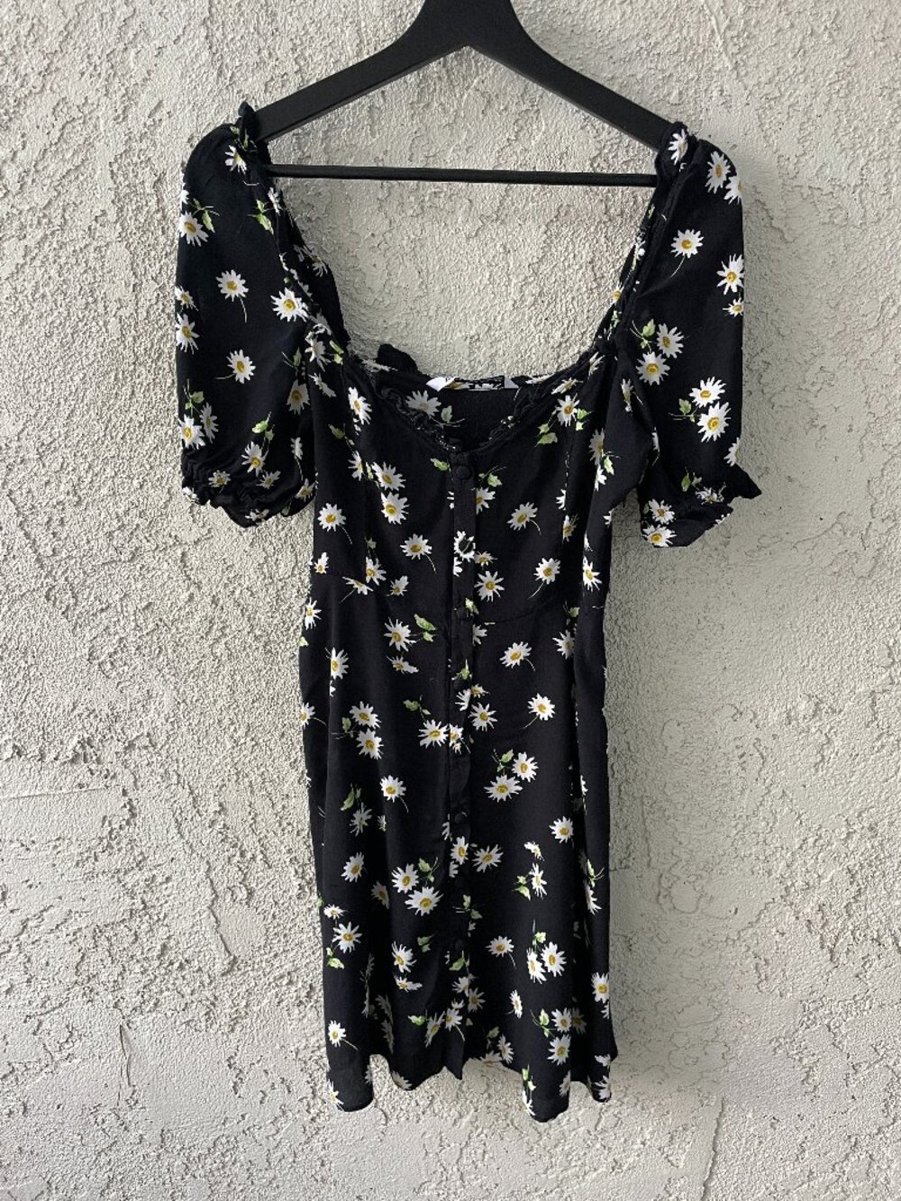 Zara Daisy Print Mini Dress Black Floral Puff Sleeve Square Neck Coquette XS